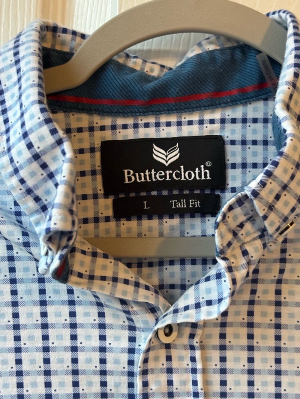 Large Tall Fit Buttercloth Blue White Checked Long Sleeve Button Up Shirt - Picture 3 of 13